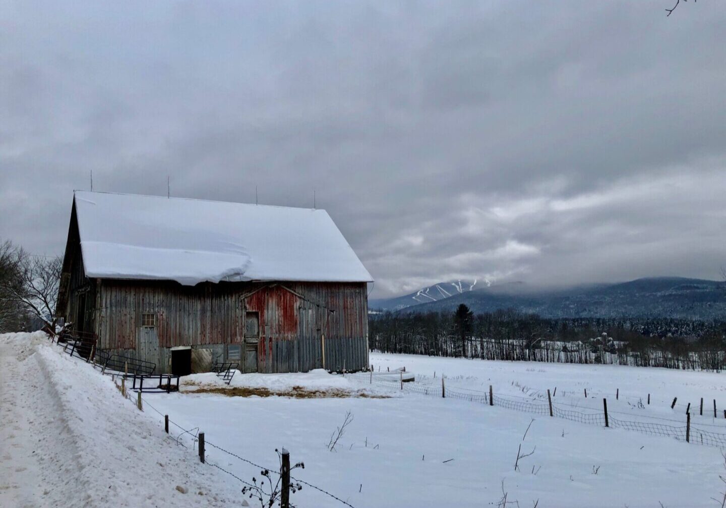 A barn with snow on the ground and trees in the background